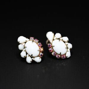 Vintage 1960s Pink AB Rhinestones White Milk Glass Clip Earrings